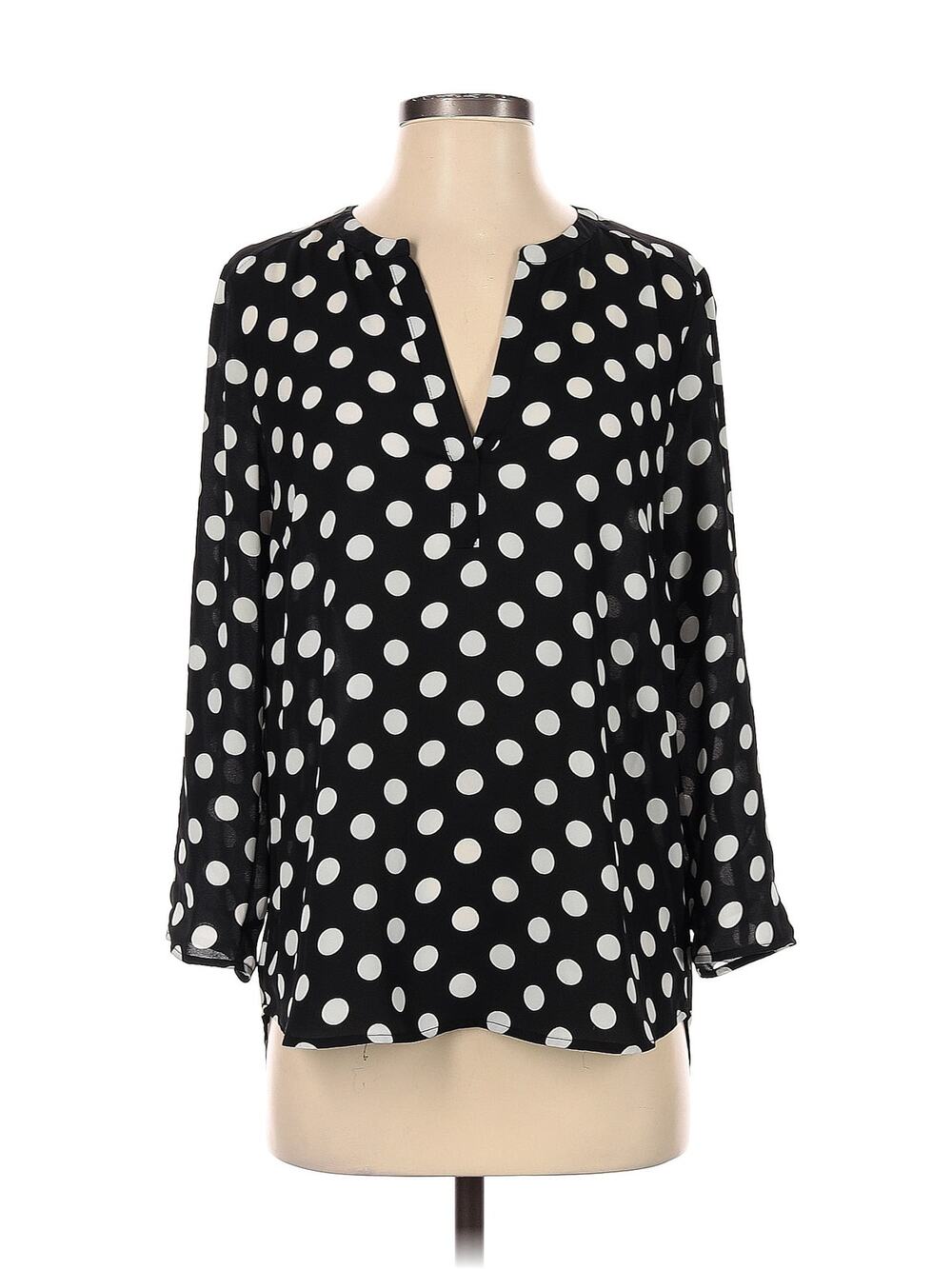Daniel Rainn Blouse  sz Med  Black White Polka Dot high low roll tab 3/4 sleeve